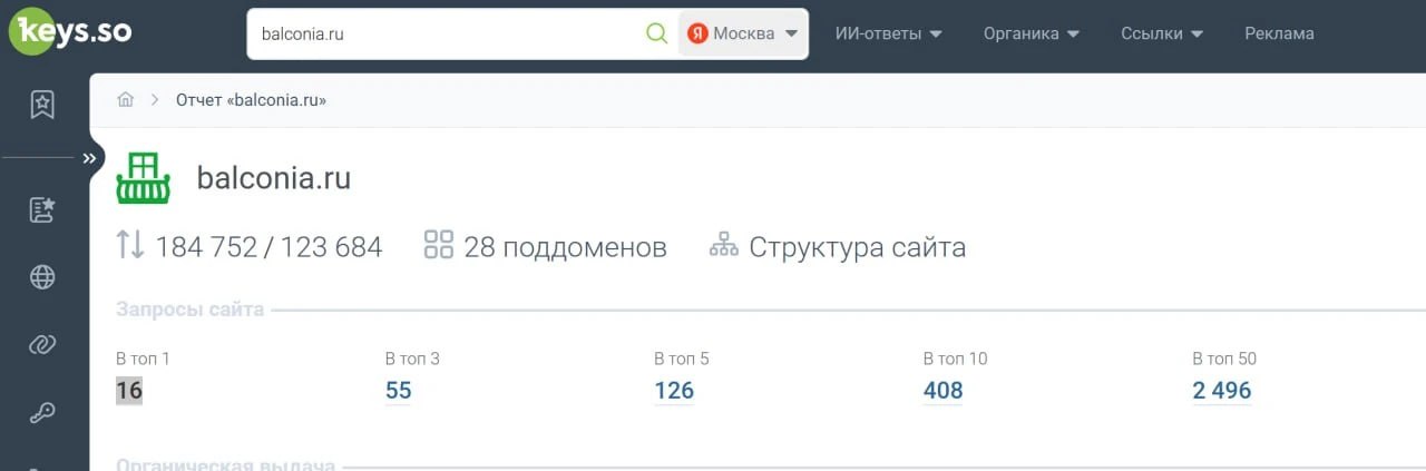 Скриншот отчета Keys.so по Яндексу для balconia.ru от 22.07.2026: количество запросов в ТОП-1, ТОП-3, ТОП-5, ТОП-10 и ТОП-50
