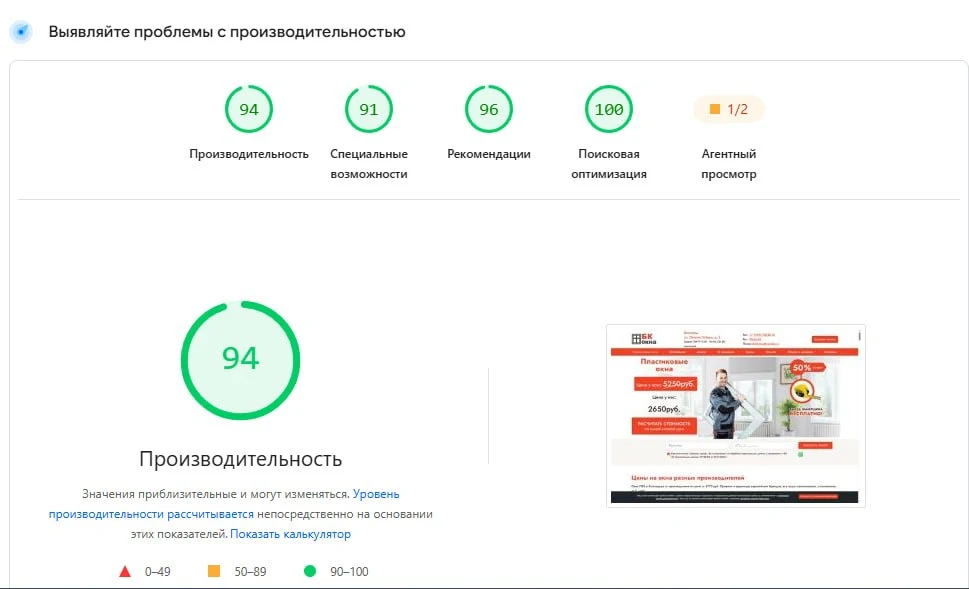 Google PageSpeed для сайта plastikovye-okna-vlg.ru: performance 94, accessibility 91, best practices 96, SEO 100