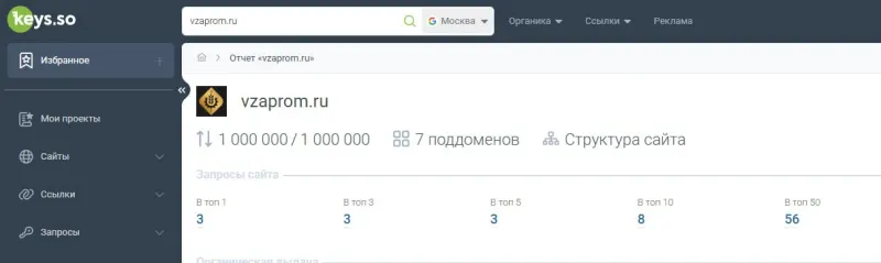 Первый скриншот отчета Keys.so по домену vzaprom.ru